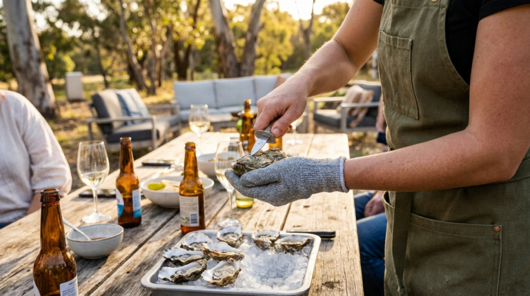 Live oyster shucking at an outdoor Australian gathering at golden hour