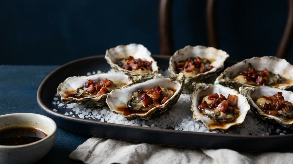 Oysters Kilpatrick with bacon on the half shell