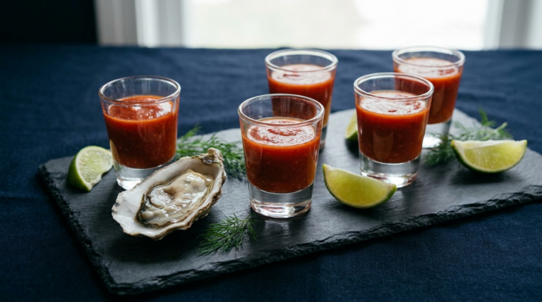 Oyster shots in glasses with spicy tomato mix and lime